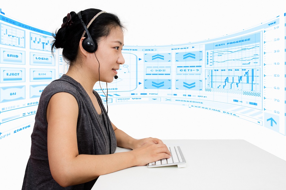 Asian Woman with Headset Using Keyboard in Isolated White Background