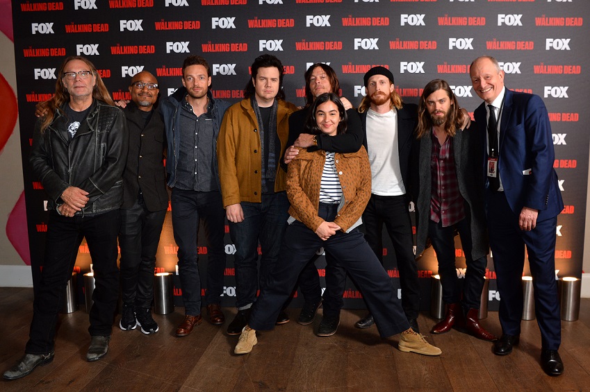Cast and crew (L - R) Director Greg Nicotero, Seth Gilliam, Ross Marquand, Josh McDermitt, Norman Reedus, Alanna Masterson, Austin Amelio, Tom Payne and Jeff Ford attending Fox's A Night with the Walking Dead at the Hamyard Hotel, Soho, London.