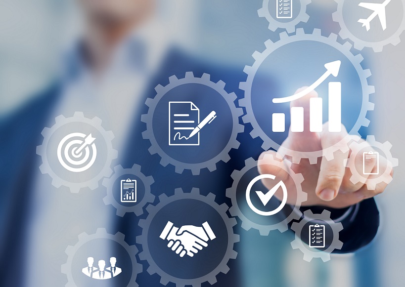 Business process management and automation concept with icons of hiring workflow, document validation, information in connected gear cogs, businessman touching screen