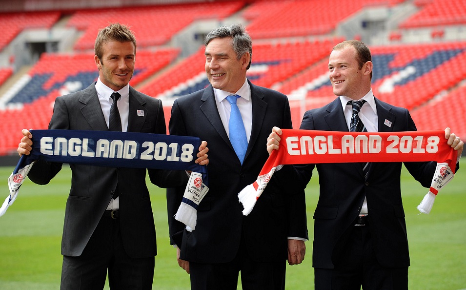 Britain's then Prime Minister Gordon Brown (centre) joins David Beckham (left) and Wayne Rooney to launch England's 2018 and 2022 World Cup bids at Wembley Stadium, London.