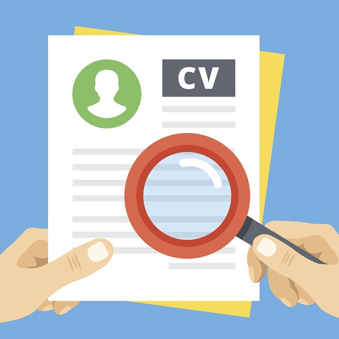 CV review flat illustration. Hand with magnifier over curriculum vitae